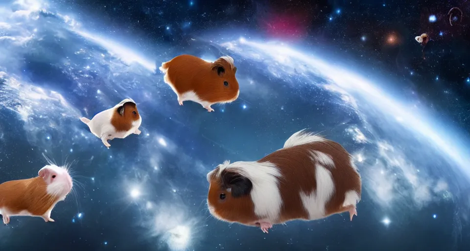 Prompt: ultra realistic guineapigs floating in space suits floating in space, 4 k, 8 k, nebula, universe, many stars, space station