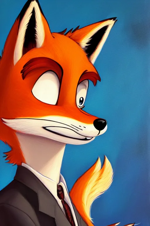 Image similar to oil painting of anthromorphic female fox, in style of zootopia, female fursona, furry, furaffinity, 4 k, deviantart, furry art, fursona art, wearing black business suit, business suit, fox fursona, nick wilde female, female, smug expression,