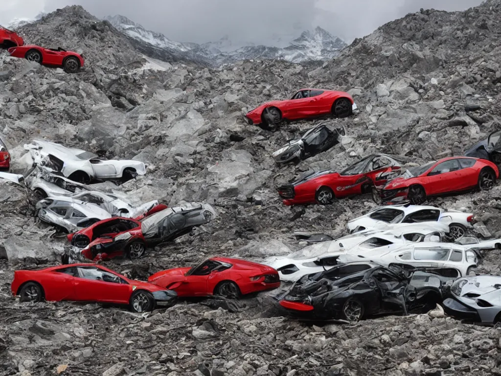 Image similar to crashed ferraris, 3 model lines on top of mount everest