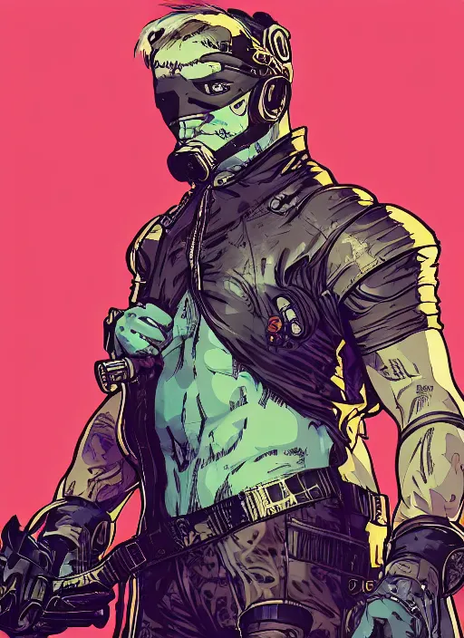 Prompt: cyberpunk circus wrestler. portrait by ashley wood and alphonse mucha and laurie greasley and josan gonzalez and james gurney. splinter cell, apex legends, rb 6 s, hl 2, d & d, cyberpunk 2 0 7 7. realistic face. character clothing. vivid color. dystopian setting.