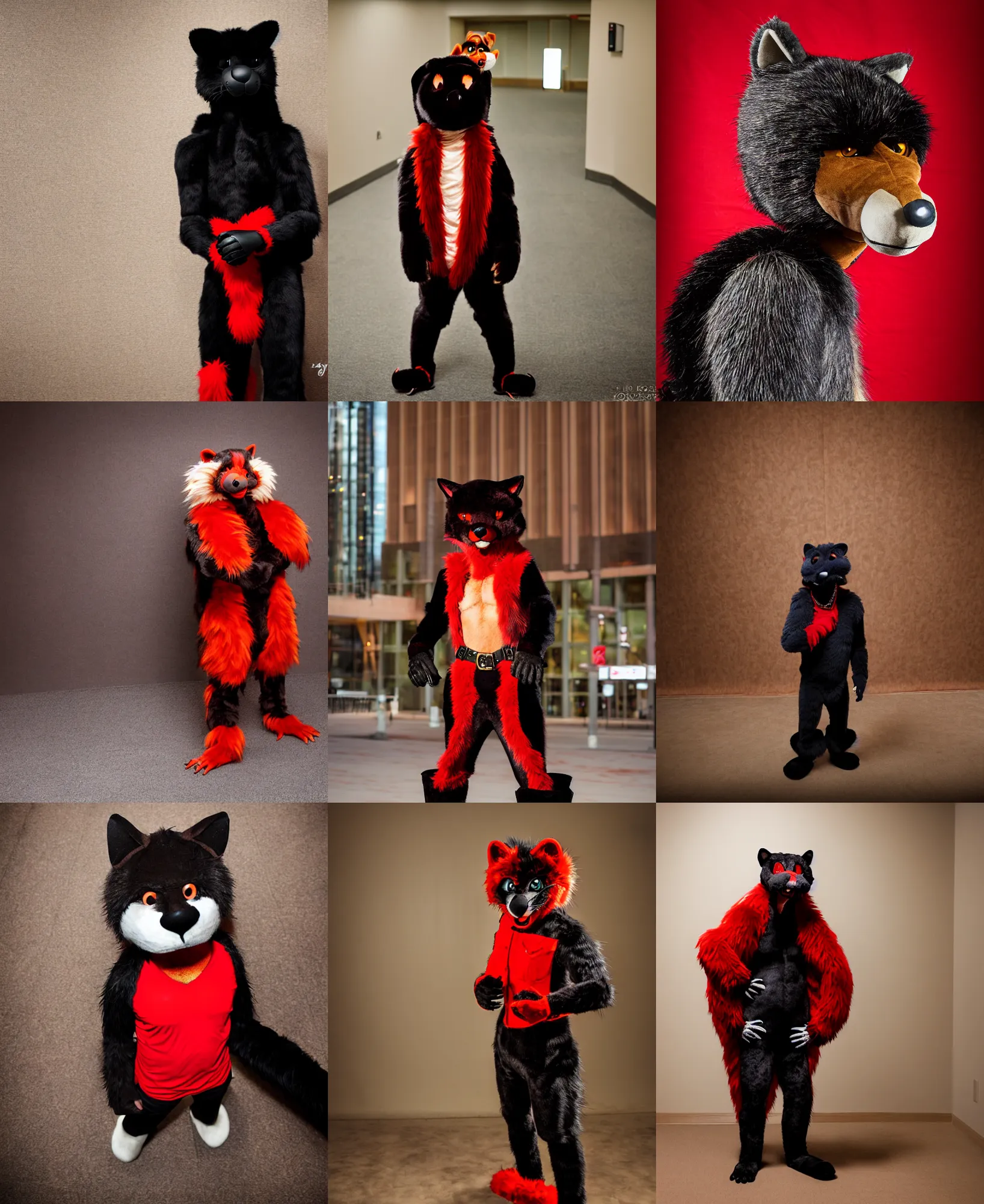 Prompt: fullbody photoshoot photo portrait of a roguish male red - black furred bipedal weasel furry fursona / fursuiter, photorealistic, taken at midwest furfest