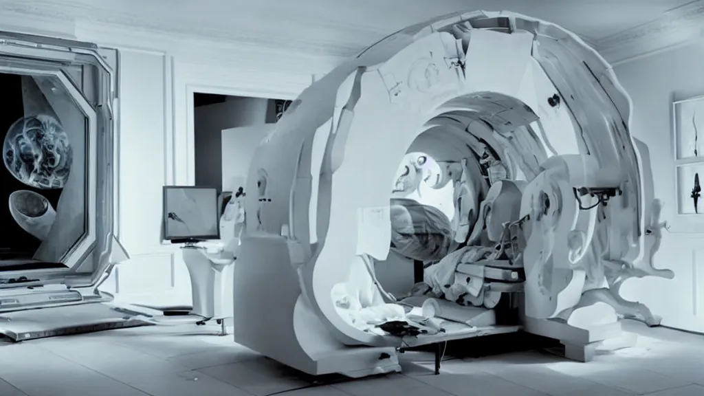 Image similar to an mri image open mri exposed uncovered machine portal in the living room, film still from the movie directed by denis villeneuve with art direction by salvador dali, wide lens