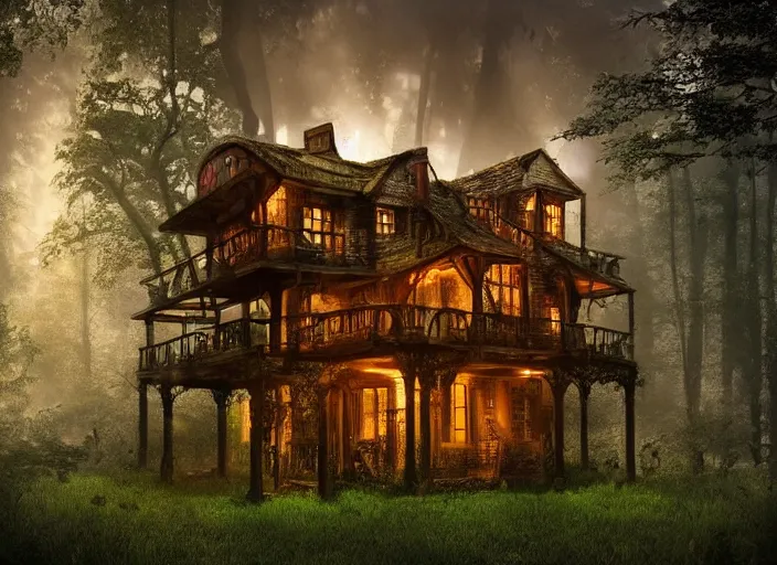 Prompt: house in a clearing in the middle of the forest, beautifully lit, steampunk, by lila alavardao