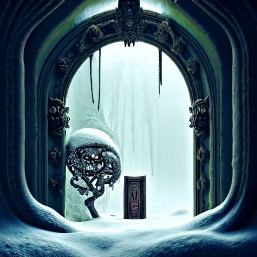 Prompt: doorway to an ancient fallen god, lush trunda vegetation, snow :: by Michal Karcz, Daniel Merriam, Victo Ngai and Guillermo del toro :: ornate, dynamic, particulate, intricate, elegant, highly detailed, centered, artstation, smooth, sharp focus, octane render, 3d