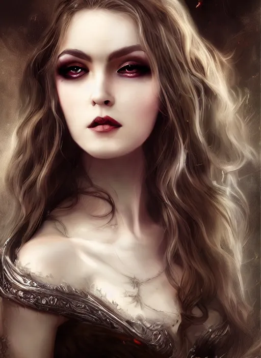 Prompt: a beautiful woman vampire queen, 8 k, sensual, hyperrealistic, hyperdetailed, beautiful face, long hair windy, dark fantasy, fantasy portrait by laura sava