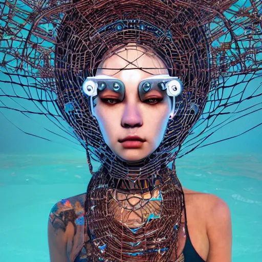 Prompt: swimming deeper into the multiverse, skyscraper piles of modular synth cables mixed with mangrove roots, kawaii puerto rican goddess chilling out wearing a headpiece made of circuit boards, by cameron gray, wlop, stanley kubrick, masamune, hideki anno, jamie hewlett, unique perspective, trending on artstation, 3 d render, vivid