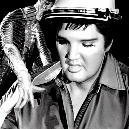 Image similar to photograph of elvis meeting aliens from another world, in alien spaceship