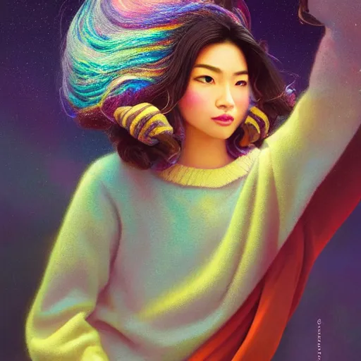 Image similar to young asian woman with flowing hair dressed in a comfortable sweater, rendered in octane, photorealism, by Ansel Adams David Suh Lisa Frank Peter Mohrbacher Artgerm