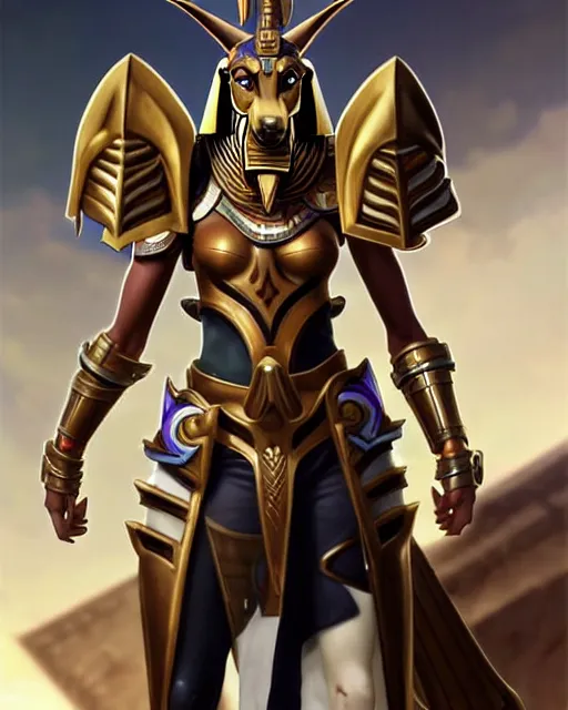 Prompt: nasus the armored egyptian anubis white and brown border collie warrior from videogame league of legends the armored egyptian anubis warrior from videogame league of legends with the face of a white and brown border collie, full body battle armor, highly detailed, artstation, cinematic character, art by artgerm and greg rutkowski and alphonse mucha