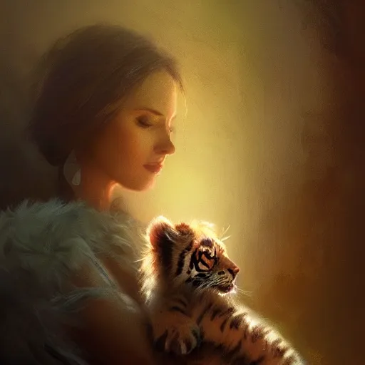 Prompt: Human mother holding her adorable fuzzy tiger baby, by Greg Rutkowski and Thomas Kinkade, trending on artstation 4k, dramatic lighting.