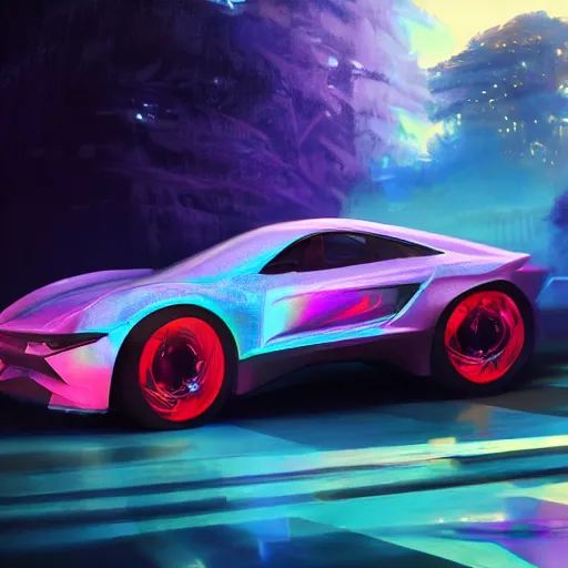 Prompt: car with holographic paint, pearlescent, elegant, digital painting, concept art, smooth, sharp focus, art style from Wang Ke and Greg Rutkowski and Bruce Kaiser and Scott Robertson and Dmitry Mazurkevich and Doruk Erdem and Jon Sibal, small style cue from Vaporwave