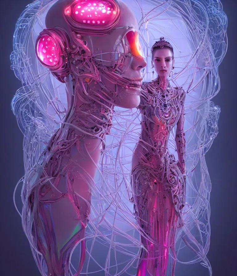 Image similar to fully symmetrical centered iridescent portrait of a beautiful princess in robe. artificial muscles, ribcage, bones, hard surface modelling. cyberpunk look. biomechanical mask. bio luminescent biomechanical halo around head. neon jellyfish. artwork by jarold Sng by artgerm, by Eddie Mendoza, by Peter mohrbacher by tooth wu, unreal engine, octane render, cinematic light, high details, iridescent colors, dichroic, macro, depth of field, blur