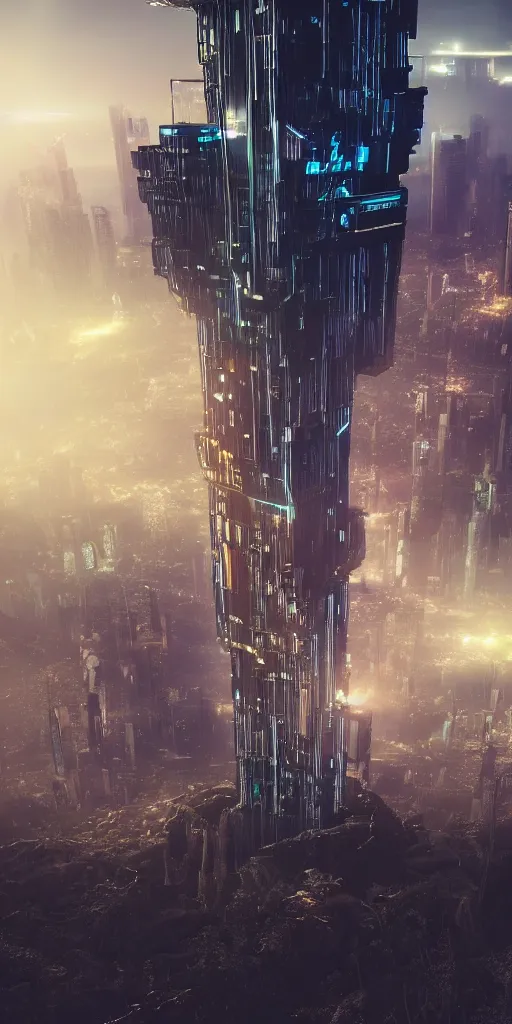Prompt: cyber punk skyscraper high on top of tall forest mountain, realistic cinematic lighting, establishing action shot, ultra detailed, hyper realism, photo, octane render