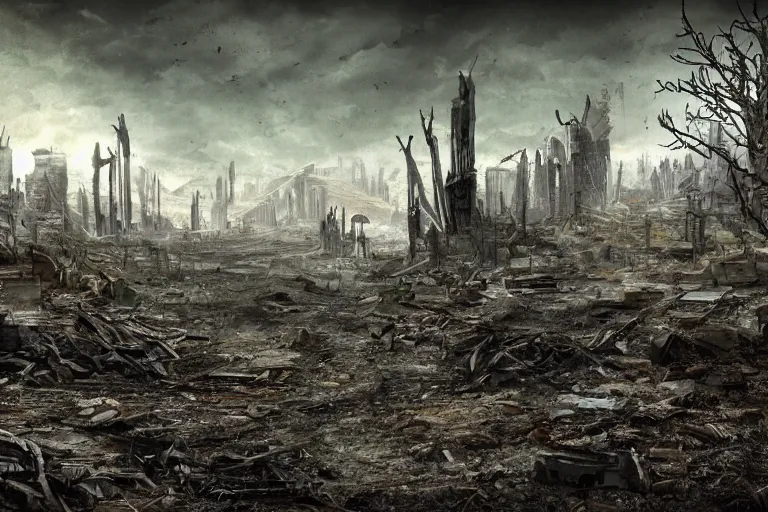 Image similar to a post apocalyptic landscape by boss ross.