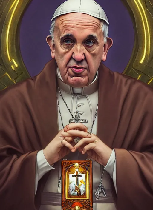 Image similar to pope francis, wearing a suit, tarot card art, deep focus, d & d, fantasy, intricate, elegant, highly detailed, digital painting, artstation, concept art, matte, sharp focus, illustration, hearthstone, art by artgerm and greg rutkowski and alphonse mucha