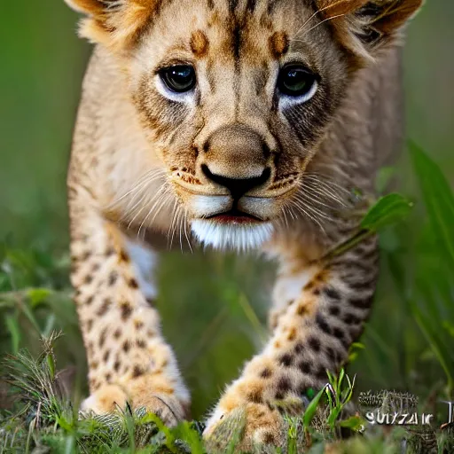 Image similar to Photorealistic photograph of a lion cub by Suzi Eszterhas, photorealism, photorealistic, realism, real, highly detailed, ultra detailed, detailed, 70–200mm f/2.8L Canon EF IS lens, Canon EOS-1D Mark II, Wildlife Photographer of the Year, Pulitzer Prize for Photography, 8k, expo-sure 1/800 sec at f/8, ISO 400