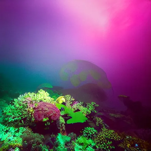 Image similar to dreamlike film photography of a rainforest undergrowth at night underwater in front of colourful underwater clouds by Kim Keever. In the foreground floats a seasnake. low shutter speed, 35mm