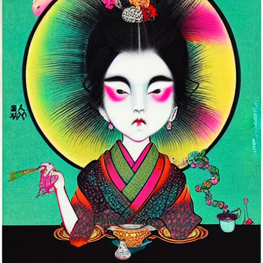 Prompt: A portrait of an adorable colorful vibrant holi nebulapunk goth girl, charismatic, intriguing, cheeky, surrealistic ukiyo-e painting by Mark Ryden and 奈良美智