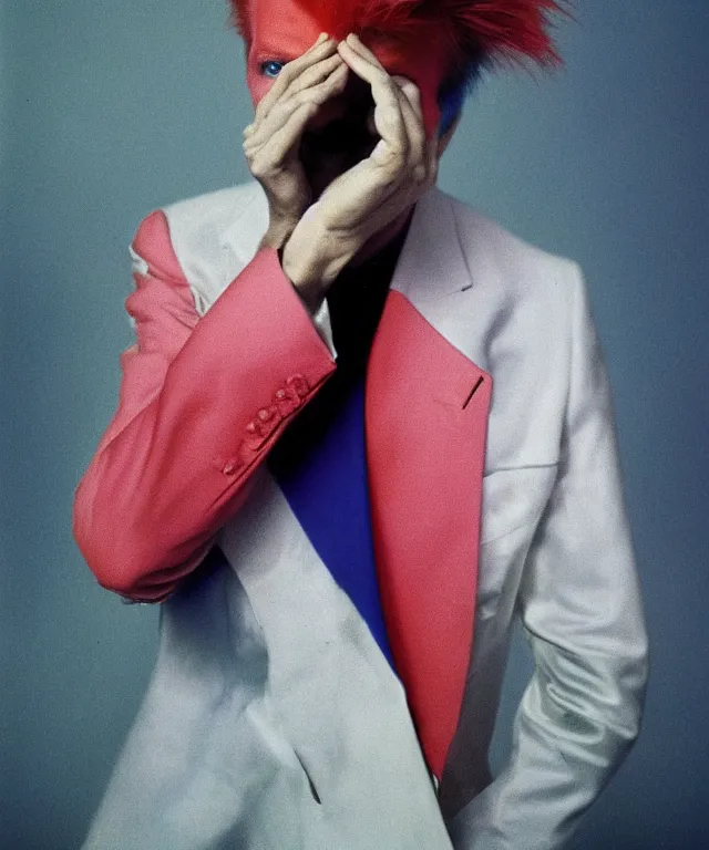 Image similar to a color photograph of david bowie, by thomas ruff, platinum blond, intense, bold, exaggerated, overblown, ultra sharp, extra details, ultra high quality, trending on pinteresst