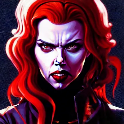 Image similar to rafael albuquerque comic art, peter mohrbacher, steve niles, artgerm, pretty scarlett johansson vampire sharp vampire teeth open mouth, symmetrical eyes, black leather jacket, jeans, long blonde hair