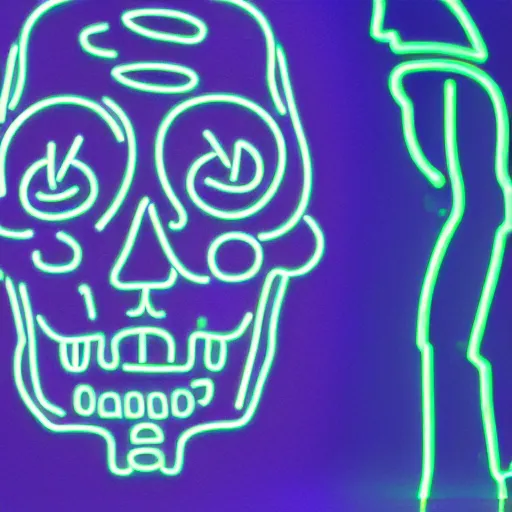 Image similar to cybernetic happy human scull with with , blue neon light and smoke and purple lighting