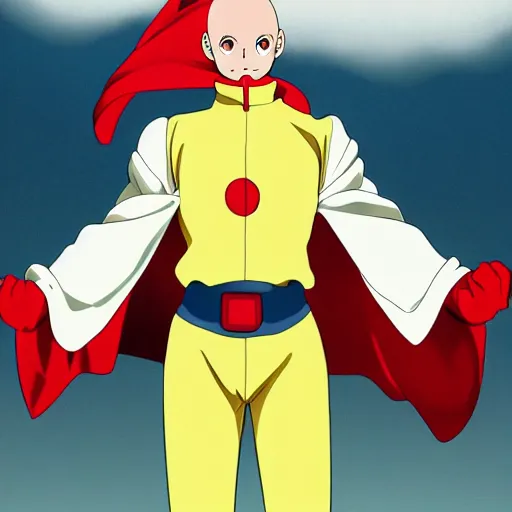 Prompt: anime baldy man with long - sleeved light - yellow shirt, red gloves, red boots and avery white cape