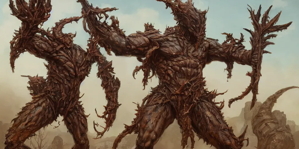 Image similar to Rusty Bronze four armed statue like colossus, character design sheet, Monster Hunter Illustrations art book, giant, trees growing on its body, enormous hands, long limbs, horns on its head, bright pale blue eyes, Moebius, Greg Rutkowski, Zabrocki, Karlkka, Jayison Devadas, Phuoc Quan, trending on Artstation, 8K, ultra wide angle, zenith view, pincushion lens effect.