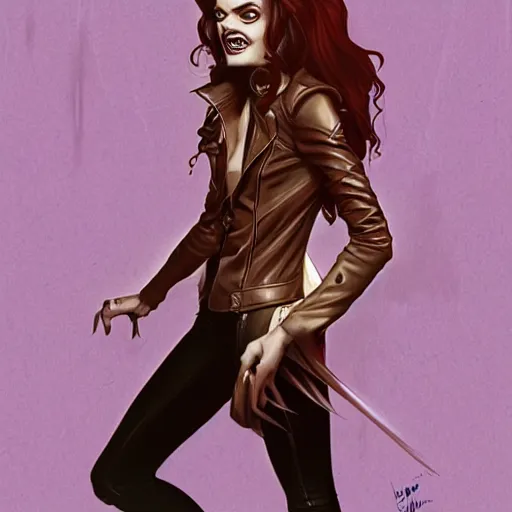 Image similar to pretty female Samara Weaving vampire, Jamie McKelvie comic art, art nouveau, Peter Mohrbacher, Alphonse Mucha, sharp vampire teeth, sarcastic smile, symmetrical eyes, symmetrical face, brown leather jacket, jeans, long black hair, full body