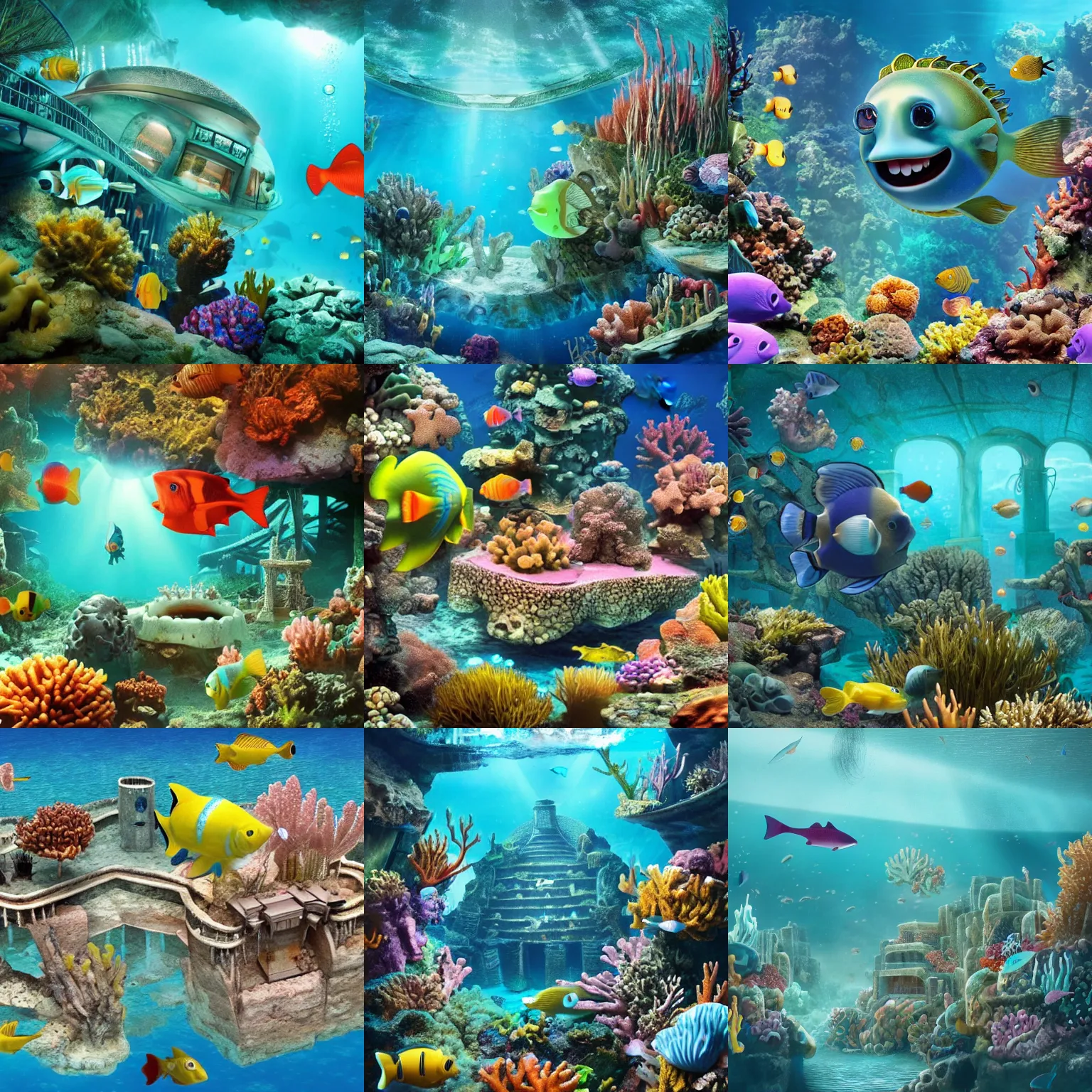 Prompt: an underwater utopian society built deep underwater that is built on the back of a long lost ruined city that is filled with anthropomorphic fish citizens and is the only source of light in the scene, bubbles, coral, fish, atmospheric, aesthetic, paradise, high resolution, cinematic