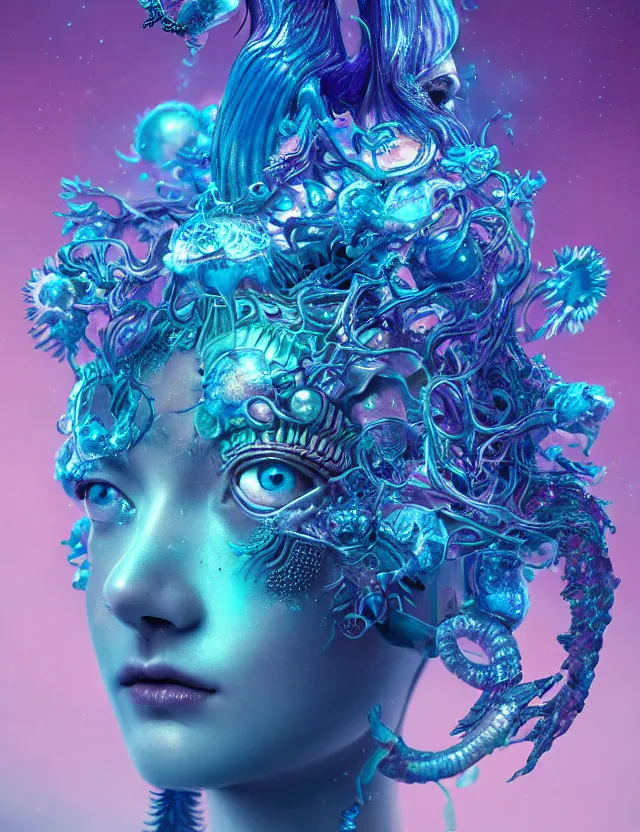 Image similar to goddess macro close - up portrait in crown made of ram skull. betta fish, jellyfish phoenix, bioluminiscent, plasma, ice, water, wind, creature, super intricate ornaments artwork by tooth wu and wlop and beeple and greg rutkowski