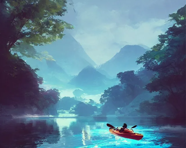 Image similar to a kayak in a river. blue water, atmospheric lighting. by makoto shinkai, stanley artgerm lau, wlop, rossdraws, james jean, andrei riabovitchev, marc simonetti, krenz cushart, sakimichan, d & d trending on artstation, digital art.