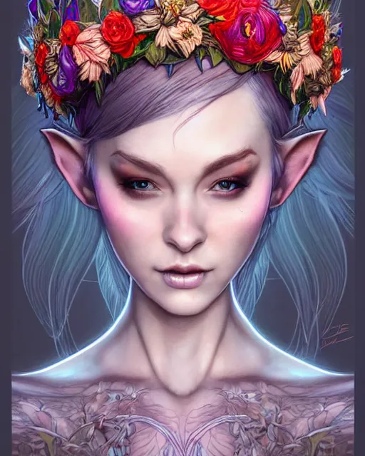 Image similar to digital art, centered head of elven bride with short hair, vivid flower crown ,body made with intricate roots, by James Jean and by artgerm, by ross tran , ultradetailed, charachter design, concept art, trending on artstation,