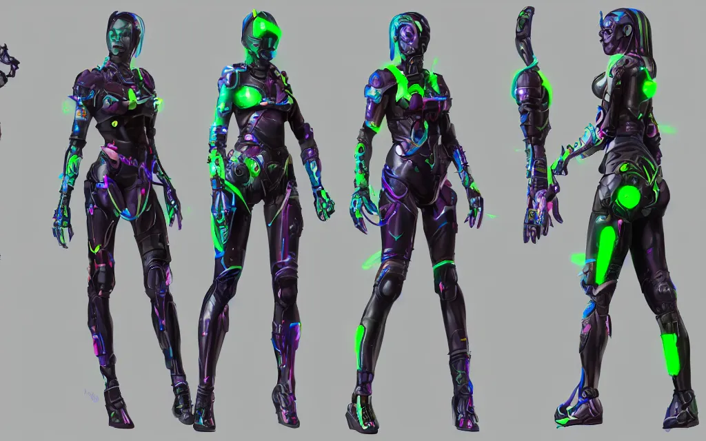 Prompt: badass girl neon coloured cyborg, character sheet, turnaround, whole body, whole figure, toy, character design, reference model sheet, by hieronymus bosch and wlop and artgerm, unreal engine 5, metahumans