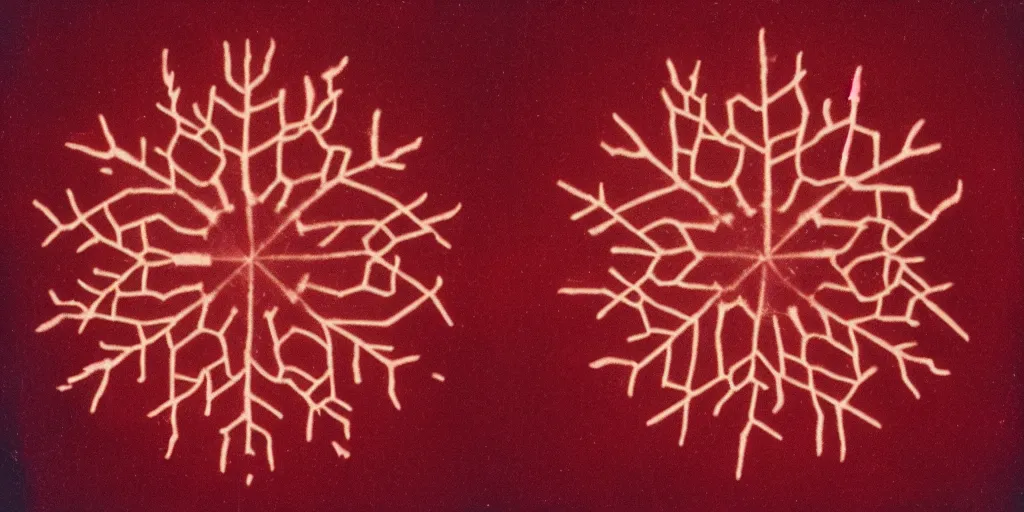 Prompt: analog vintage photography portrait polaroid of a macro snowflake, lensflare, red color bleed, heavy film grain, bloom, glow