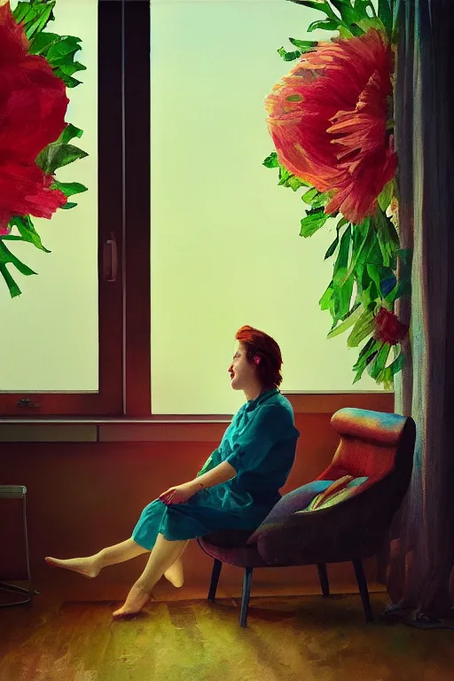 Image similar to closeup, huge flowers as head, woman sitting on lounge chair by a tall window, surreal photography, studio light, impressionist painting, digital painting, artstation, simon stalenhag