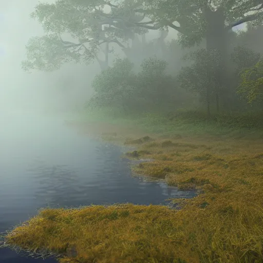 Prompt: foggy river landscape, ultra realistic