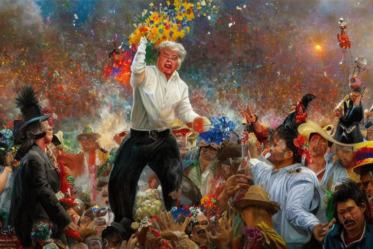 Prompt: portrait of rip taylor throwing confetti during a mexican funeral parade, an oil painting by ross tran and thomas kincade