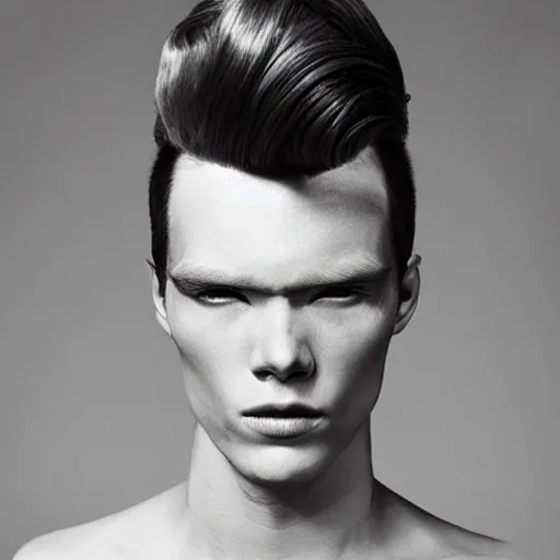 Prompt: a beautiful young male alien with ombre skin, his hair moves with the wind, photographed by erwin olaf