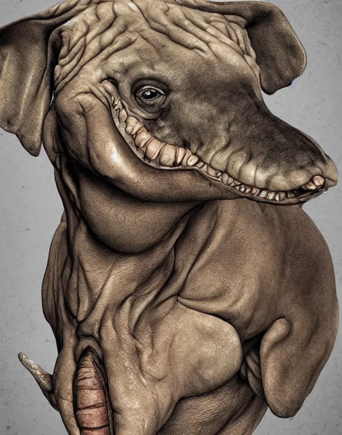 Image similar to portrait of muscular animal human merged head skin, solid background, scales skin dog, cat merged elephant head cow, chicken face morphed fish head, gills, horse head animal merge, morphing dog head, animal eyes, merging crocodile head, anthropomorphic creature