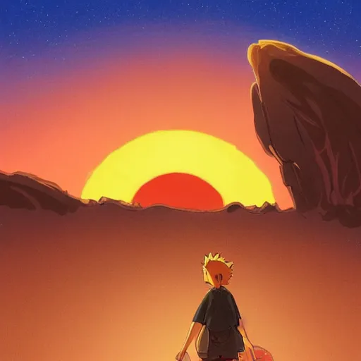 Prompt: desert scene, red sun, fantasy art, illustration, animated film, by studio ghibli