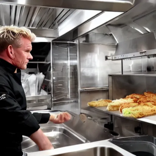 Image similar to gordon ramsay working in a kfc kitchen