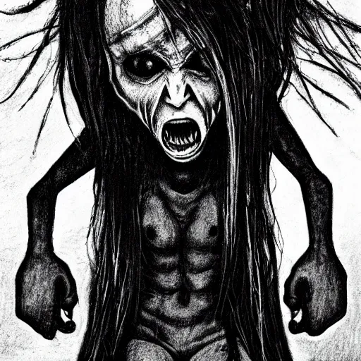 Image similar to grunge drawing of an alien in the style of the grudge | horror themed