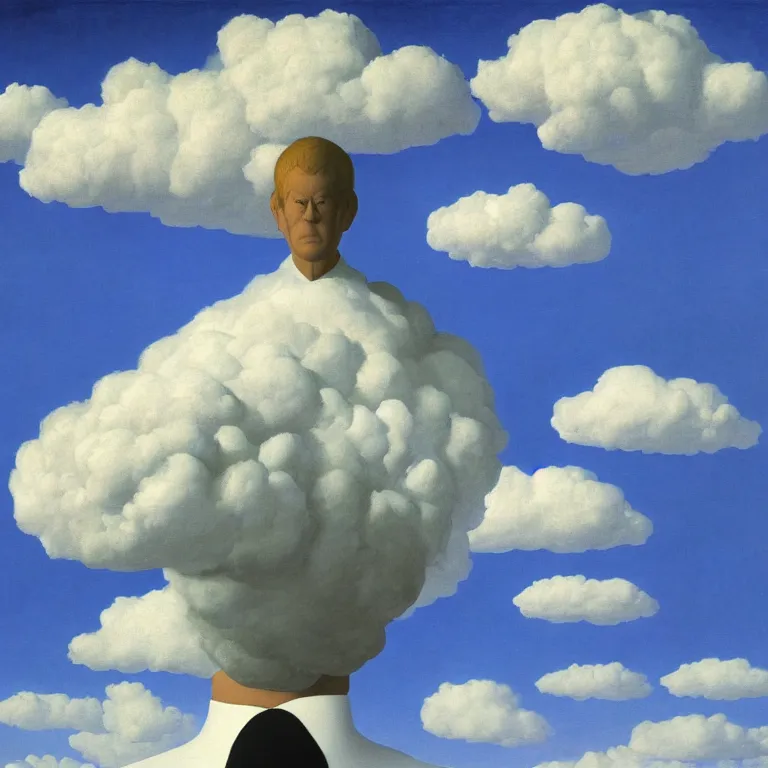 Image similar to cloud - man, by rene magritte, centered, detailed painting, hd, hq, high resolution, high detail, 4 k, 8 k