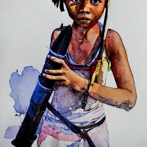 Image similar to hyper realistic tribal girl holding a rocket launcher, watercolor, cinematic