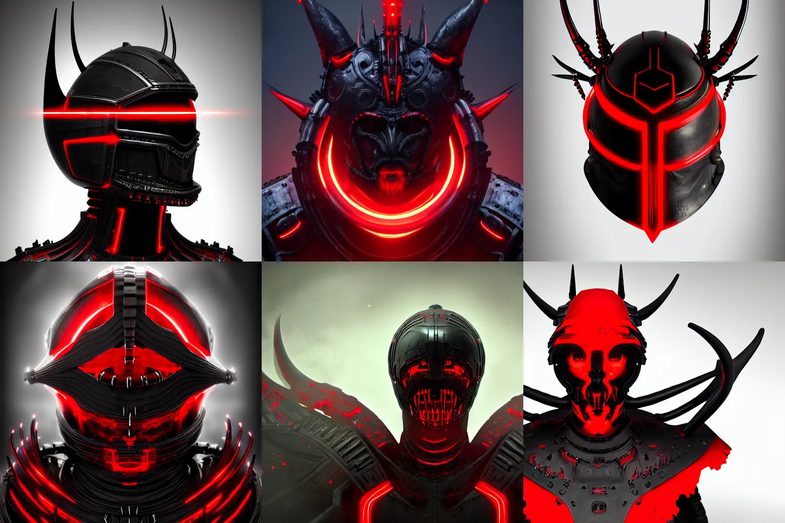 Prompt: terrifying ominous evil sci fi roman helm in black and red, tall black spiralling jagged horns, full borg hyper detailed, no eyes, high octane cybernetics, featured on artstation, ultra 4 k concept turnaround