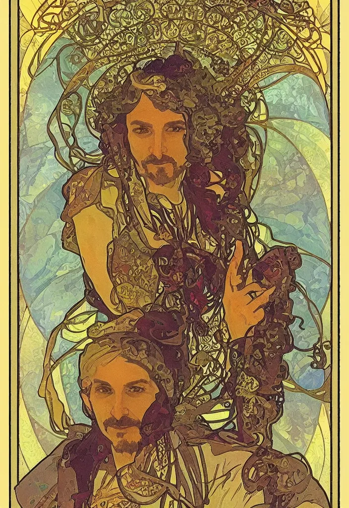 Image similar to Jurgen Schmidhuber on a tarot card, tarot in art style by Alphonse Mucha