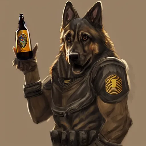 Image similar to a humanoid german shepherd beast - man in military style, holding a bottle of beer, artstation, concept art, smooth, sharp foccus ilustration, artstation