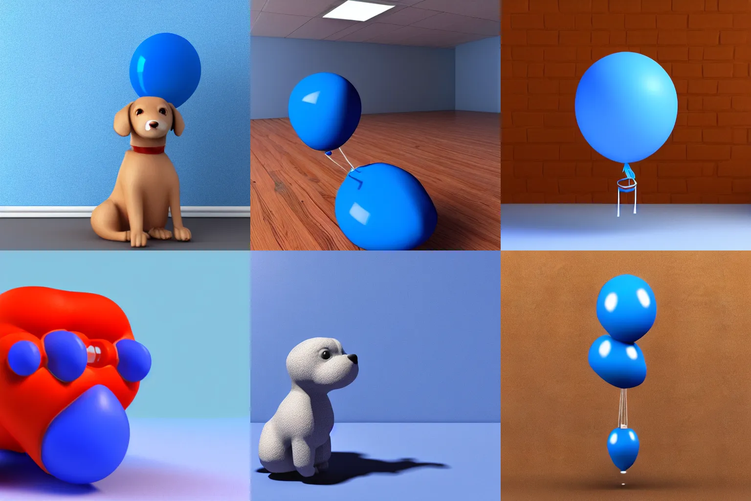 Prompt: a 3d render of dog shaped baloon in a blue room,