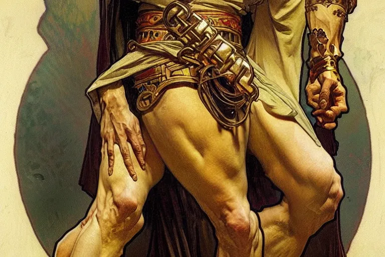 Image similar to a man wearing dark clothes and golden crown, muscular, painting by greg rutkowski and alphonse mucha