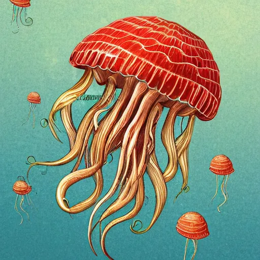 Prompt: hyperdetailed photorealistic modern childrenbook illustration of a maximalist voluptuous! elegant jellyfish, swimming in the ocean. with interesting steampunk details. seen from the distance. transparent soft natural tones